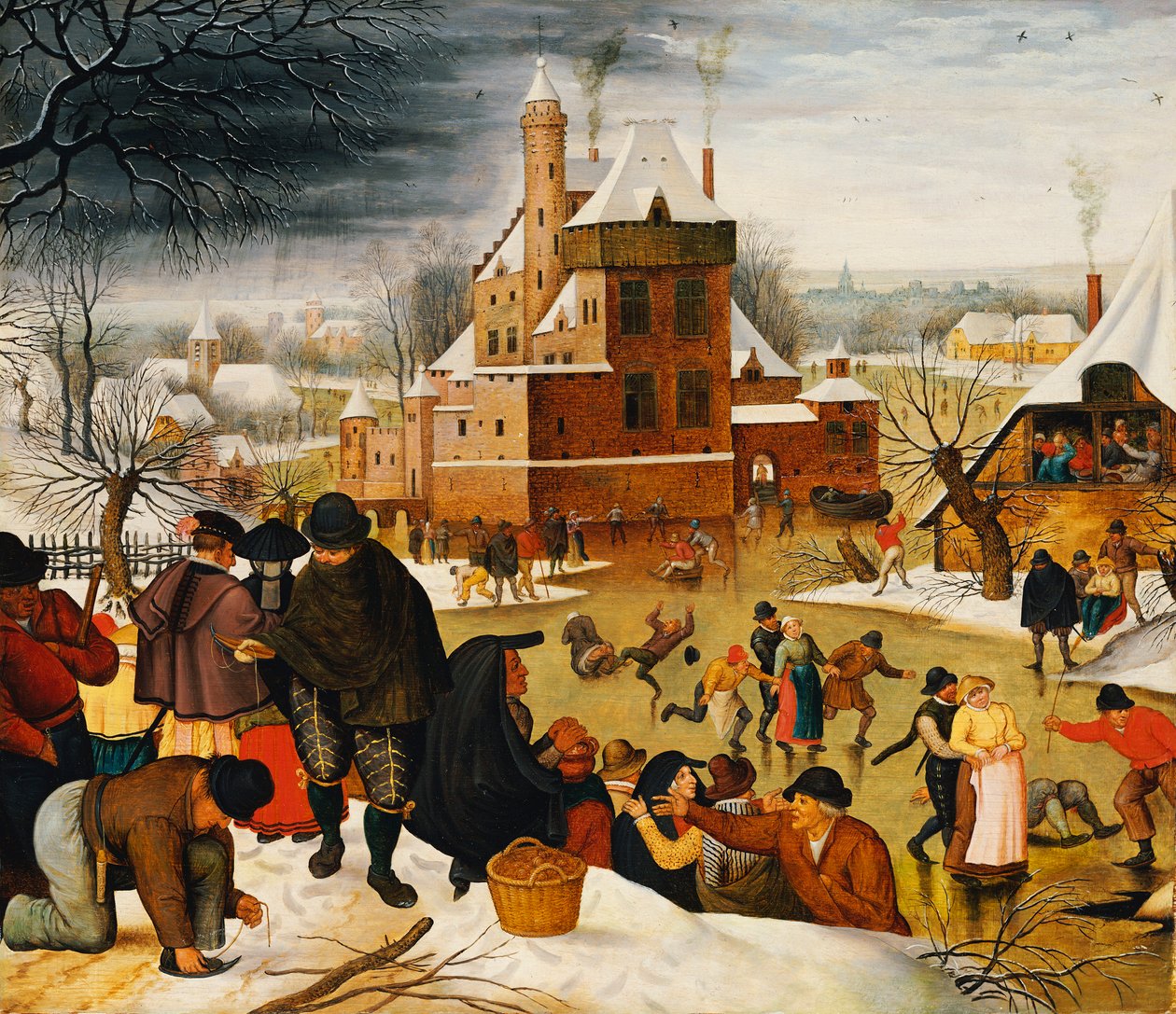 Stadsfolk åker skridskor på en slottsvallgrav (olja på panel) av Pieter the Younger Brueghel