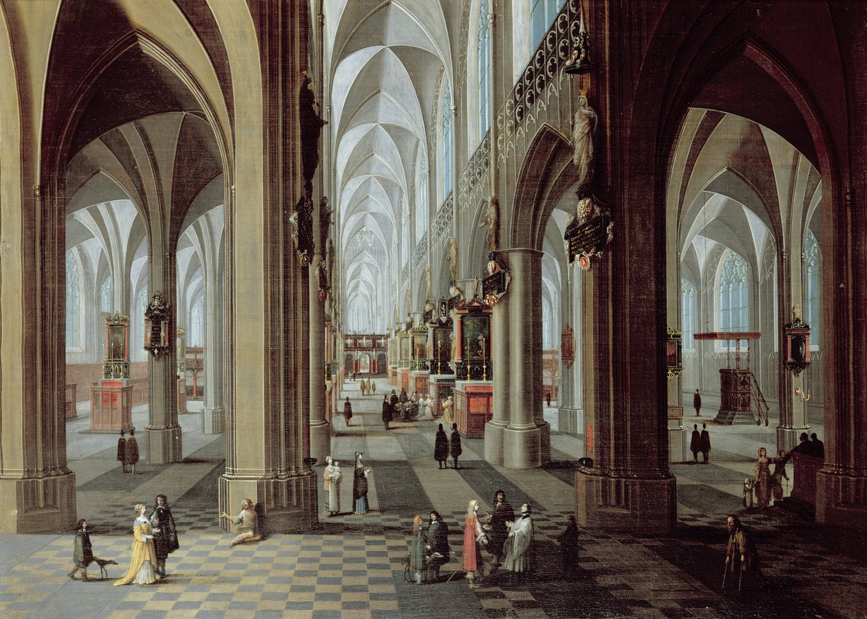 Interiör i Antwerpens katedral (olja på duk) av Pieter the Younger Neeffs