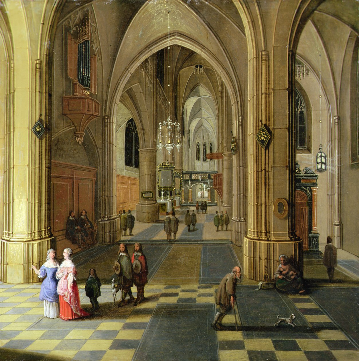 Interiören av en gotisk katedral med två kvinnor i samtal av Pieter the Younger Neeffs