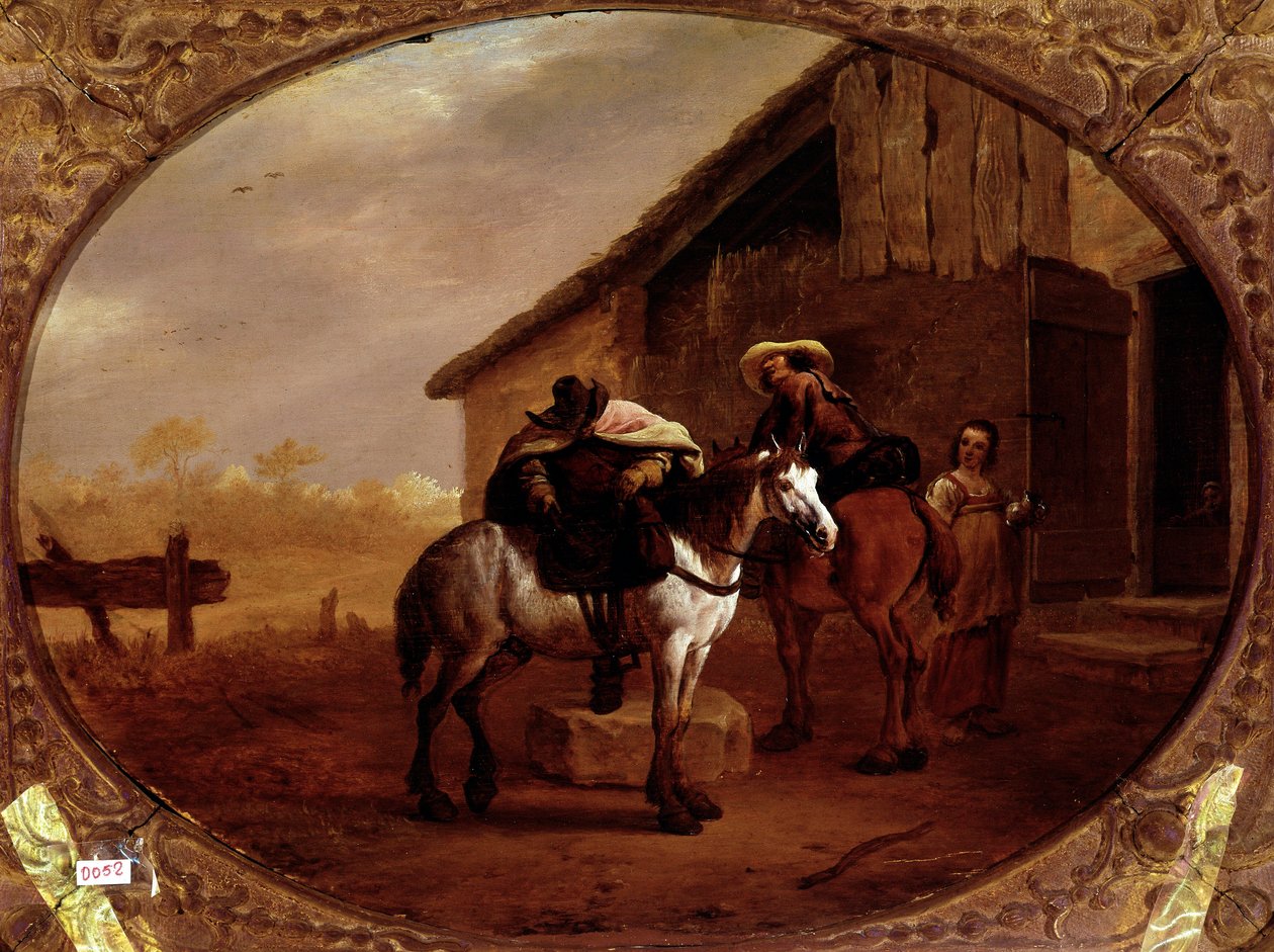 Avgång från hotellet Två ryttare rider på sina hästar efter ett stopp på ett värdshus. Målning av Pieter Van Laer dit Bamboccio (BAmboche ou Bamboots) (1592/5-1642) (ec.holl.) 1600-talet sön. 32x43 cm Paris, musee du Louvren - Avgång från värdshuset, av Pi av Pieter van Laar