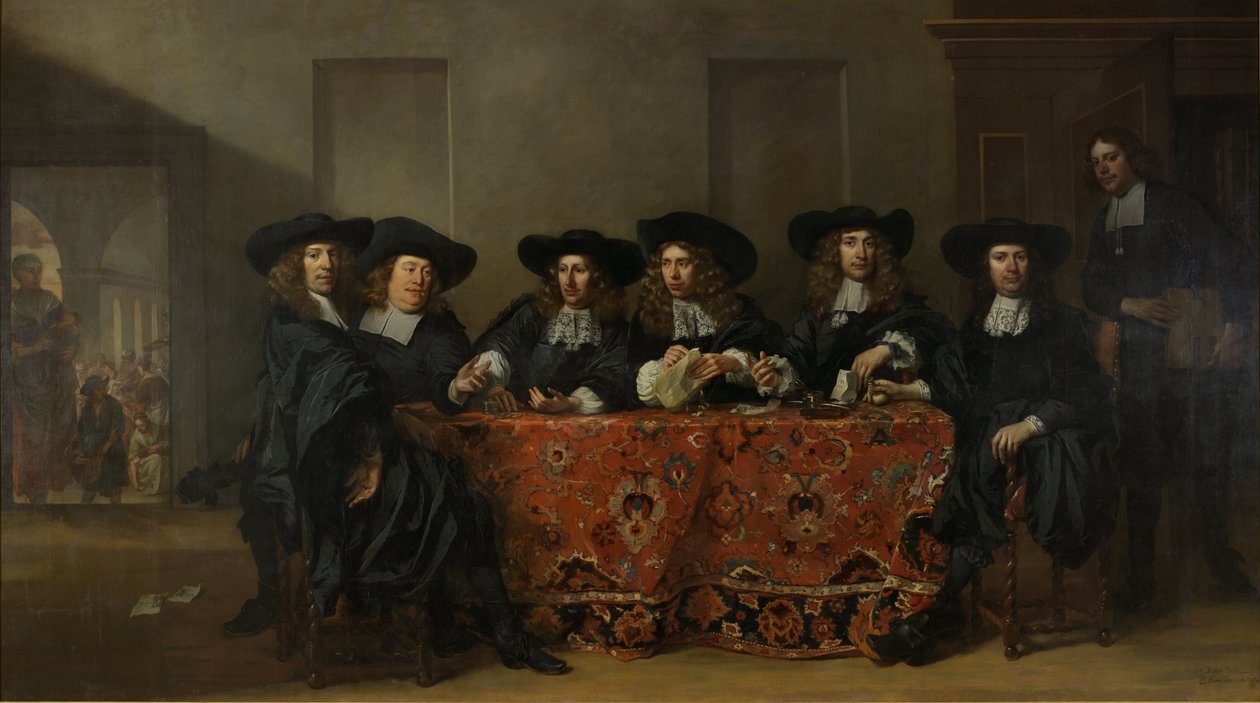 Sex Regents och husmästaren vid Oude Zijds Institute for the Outdoor Relief of the Poor, Amsterdam, 1675 av Pieter van Anraedt