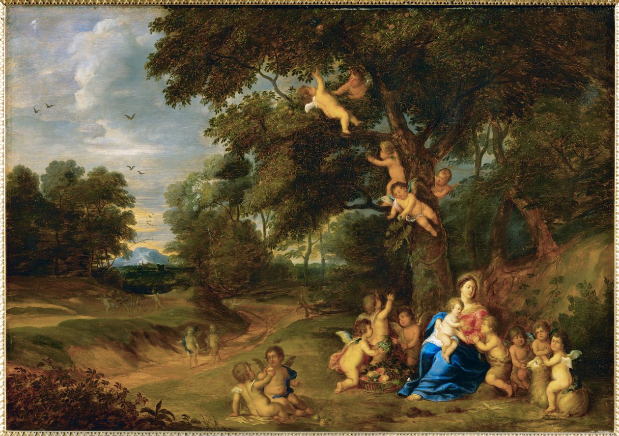 Heliga Maria med Jesusbarnet, Johannes Döparen och änglar (målning på ek) av Pieter van Avont