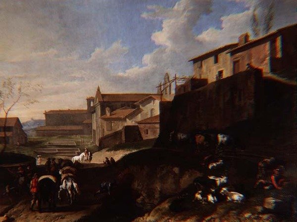 Capriccio-vy med kyrkor, stugor och resenärer (olja) av Pieter van Bloemen
