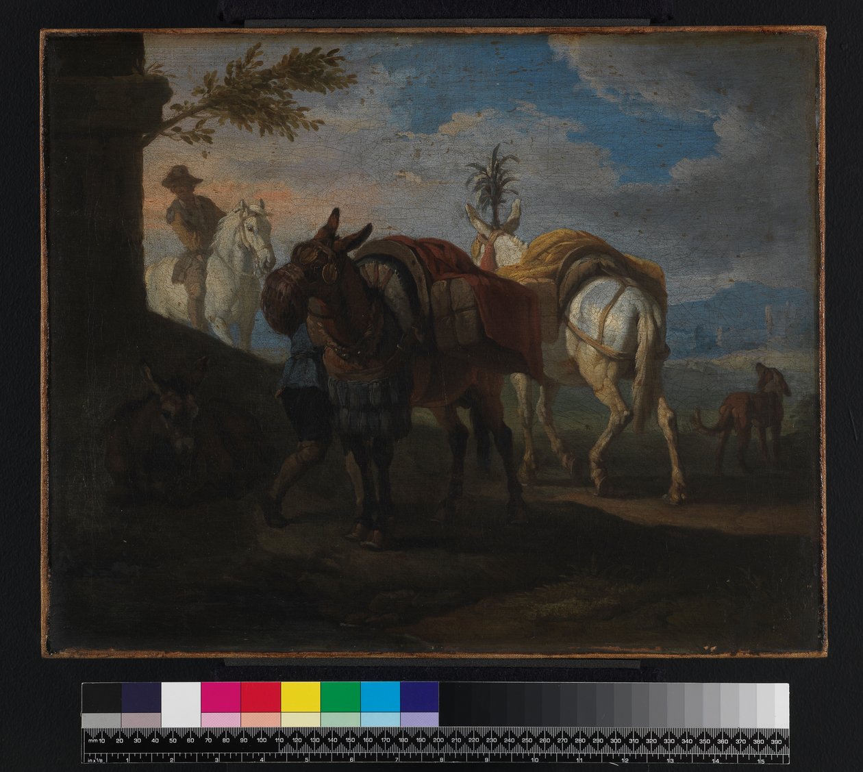 Mulor som stannar vid vägkanten, före 1720 av Pieter van Bloemen