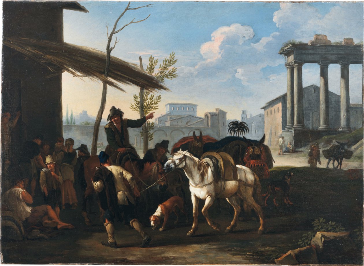 Bönder utanför ett värdshus, en stad och fornlämningar bortom av Pieter van Bloemen