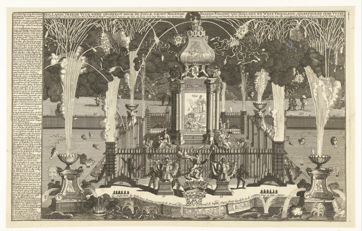 Fyrverkerier för att hedra freden i Utrecht, 1713 Nederländska fredsfyrverkerier som sattes upp av Noble Groot Mogende Heeren Staaten i Holland och Västra Friesland, satte igång i vyver till Haag (...) (titel på objektet) av Pieter van Buysen jr.