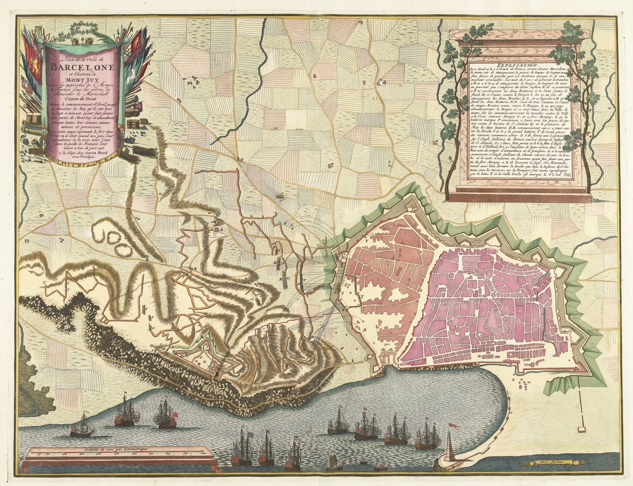 Karta av het beleg van Barcelona, ​​​​1706 Plan över staden Barcelona och Chateau de Mont Juy med infallsvinklar från Armén av Frankrike (...) (titel på objekt) av Pieter van Call (II)