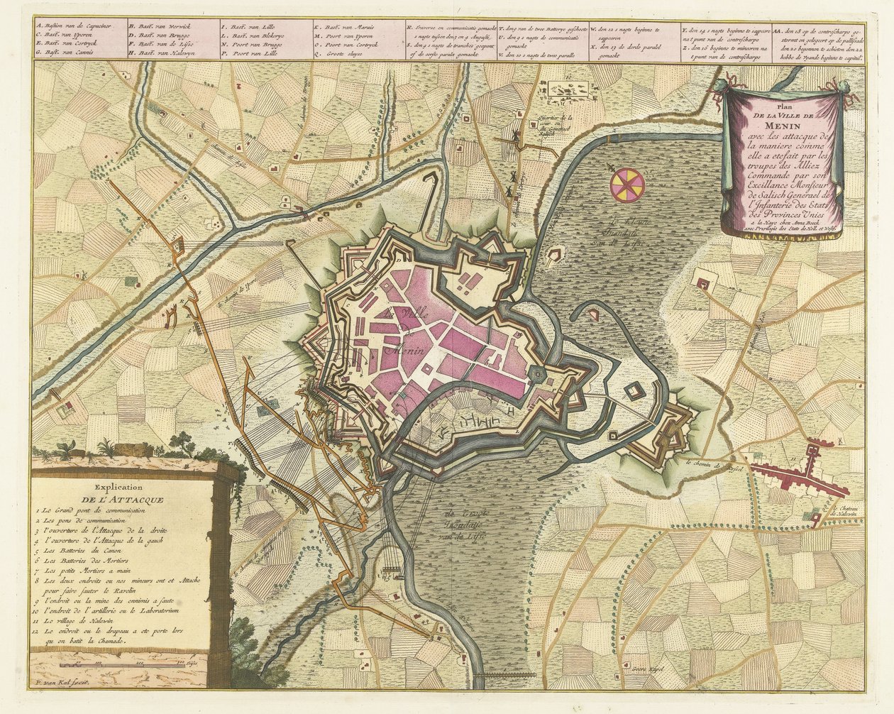 Karta van het beleg van Menen, 1706 Plan för staden Menin med attackerna (...) av de allierades trupper (...). (titel på objekt) av Pieter van Call (II)