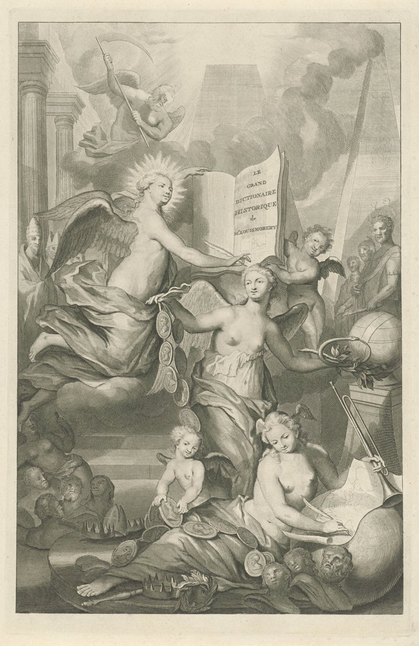Berömmelse, evighet och skrivkonst Titelsida för Louis Moréri, Le grand dictionaire historique, 1731 av Pieter van Gunst