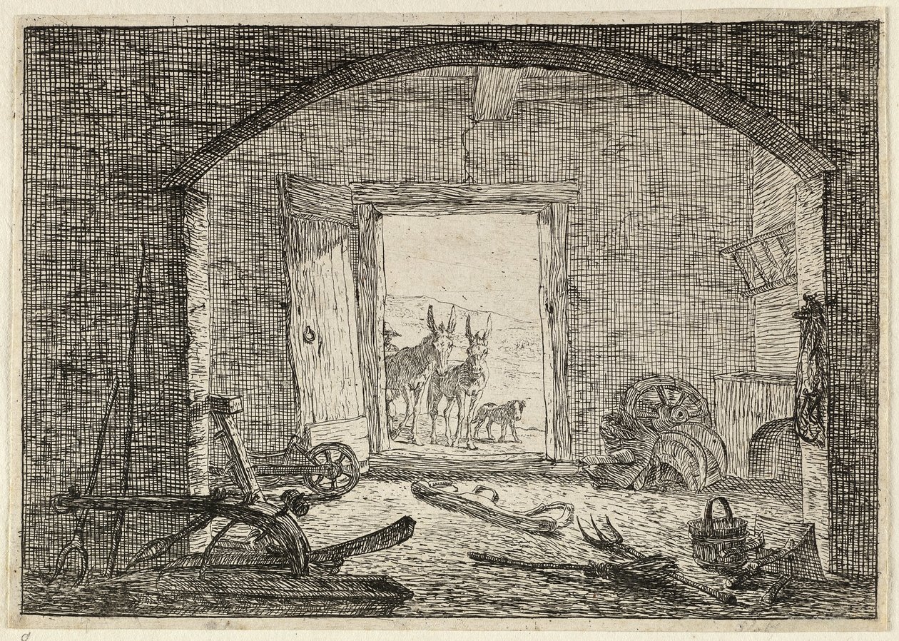 Åsnor framför dörren till ett stall av Pieter van Laer