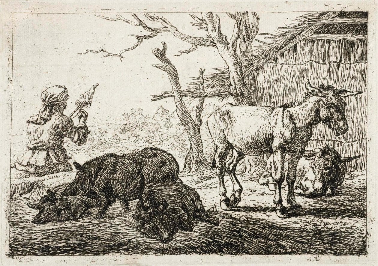 Svin och åsnor i ett stall, till vänster en kvinna som spinner av Pieter van Laer