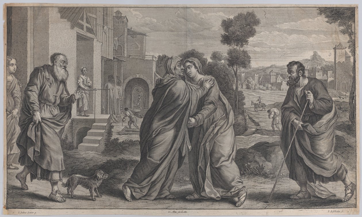 Visitation, Saint Elizabeth omfamnar Jungfrun i centrum när Saint Joseph går till..., ca. 1656-60 av Pieter van Lisebetten