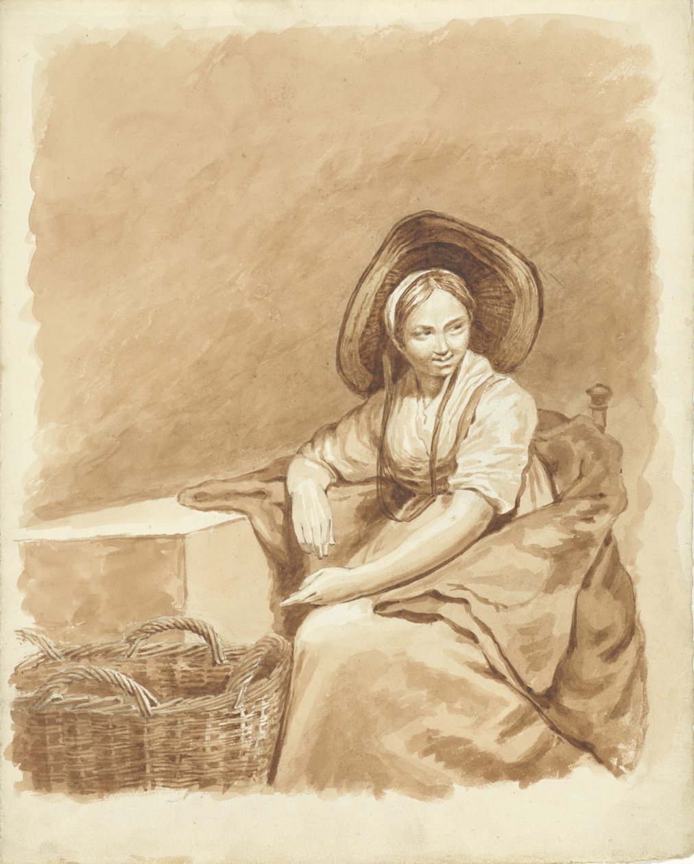 Sittande tjej med en stor hatt och en korg av Pieter van Loon