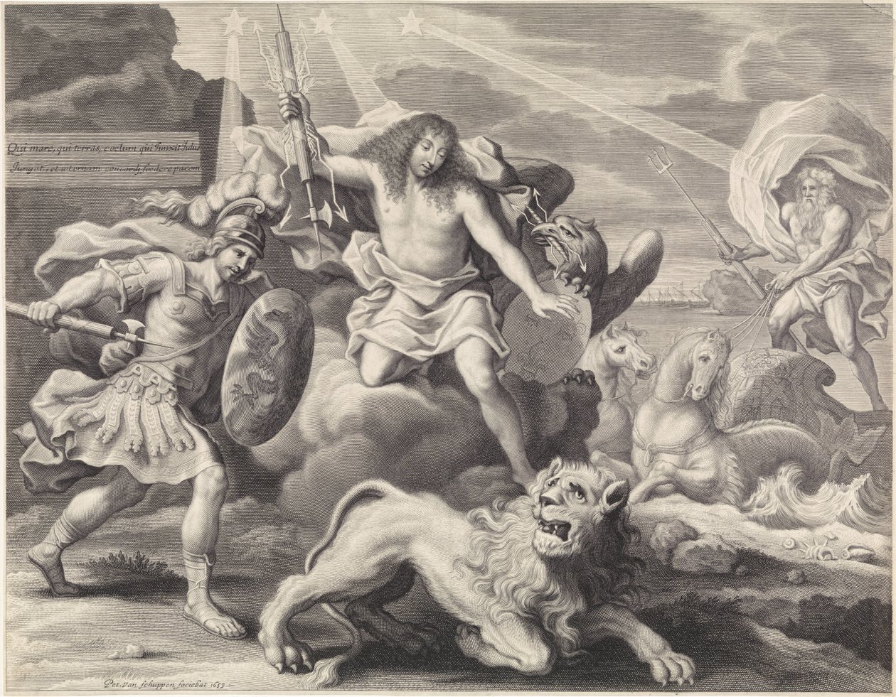 Reklamtryck med en allegorisk representation av Ludvig XIV som Jupiter, 1659 av Pieter van Schuppen