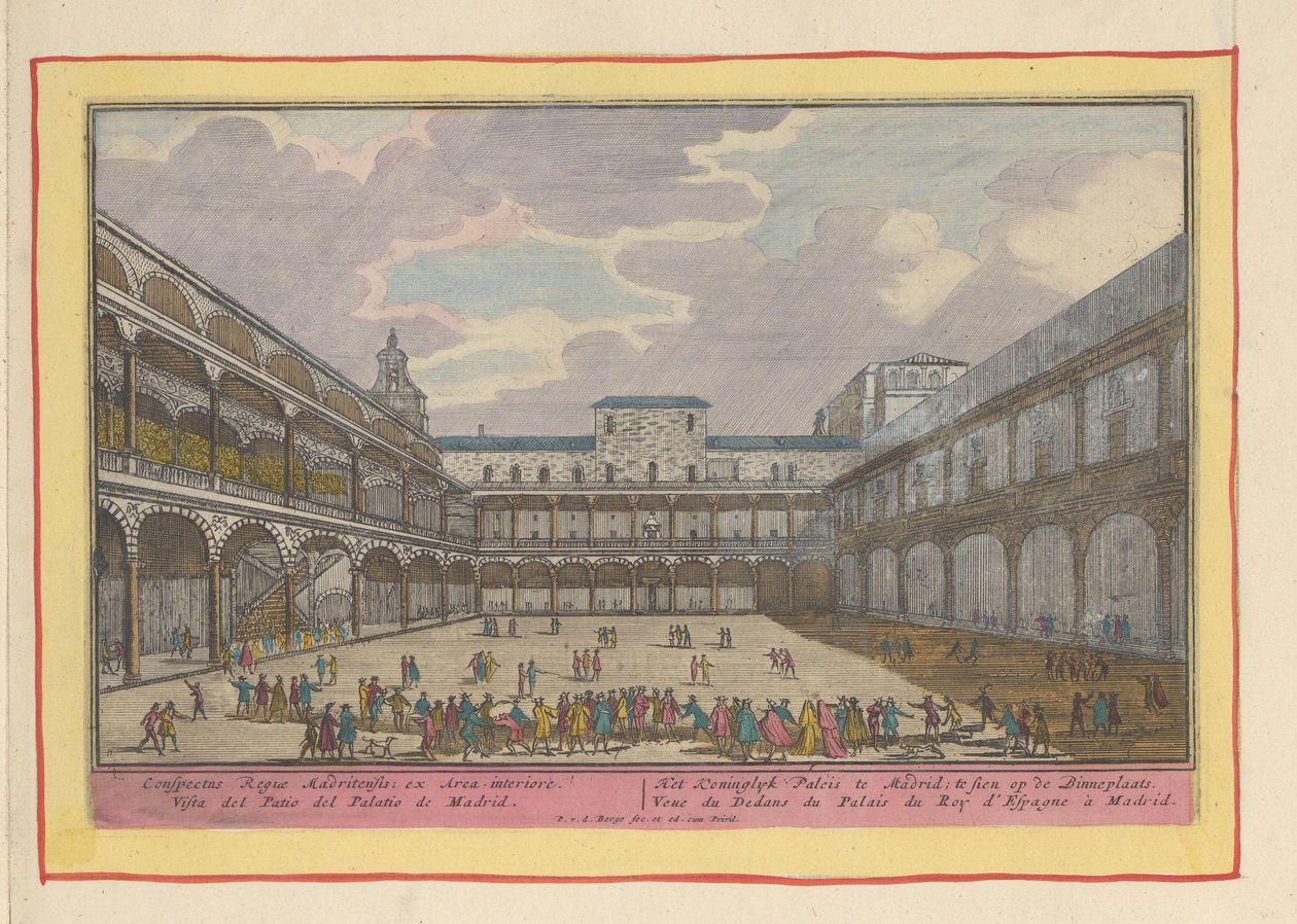 Gården till det kungliga palatset i Madrid Kungliga slottet i Madrid; visas på Binnenplaats (titel på objekt) Theatrum Hispaniae (...) (serietitel) av Pieter van den Berge