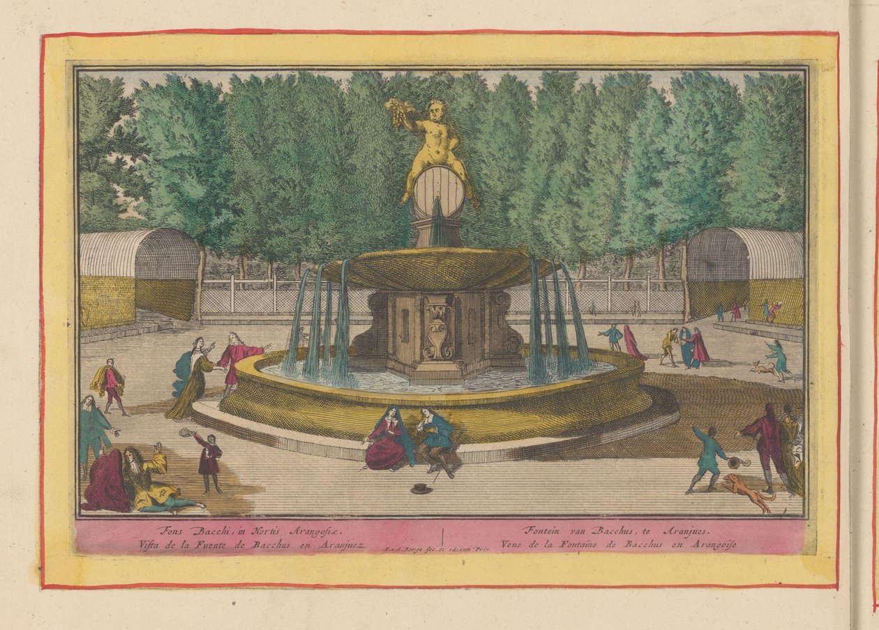 Fontän av Bacchus i trädgårdarna av det kungliga palatset i Aranjuez Fontän av Bacchus, vid Aranjues (titel på objektet) Theatrum Hispaniae (...) (serietitel) av Pieter van den Berge