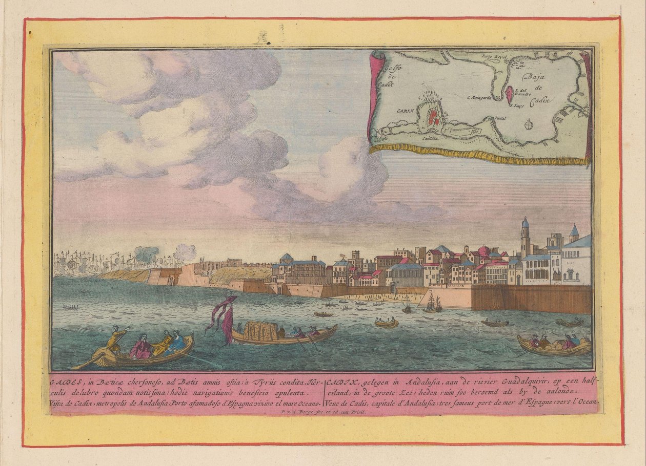 Utsikt över Cadiz Cadix, beläget i Andalusien, vid floden Guadalquivir, på en halv ö (...) (titel på objektet) Theatrum Hispaniae (...) (serietitel) av Pieter van den Berge
