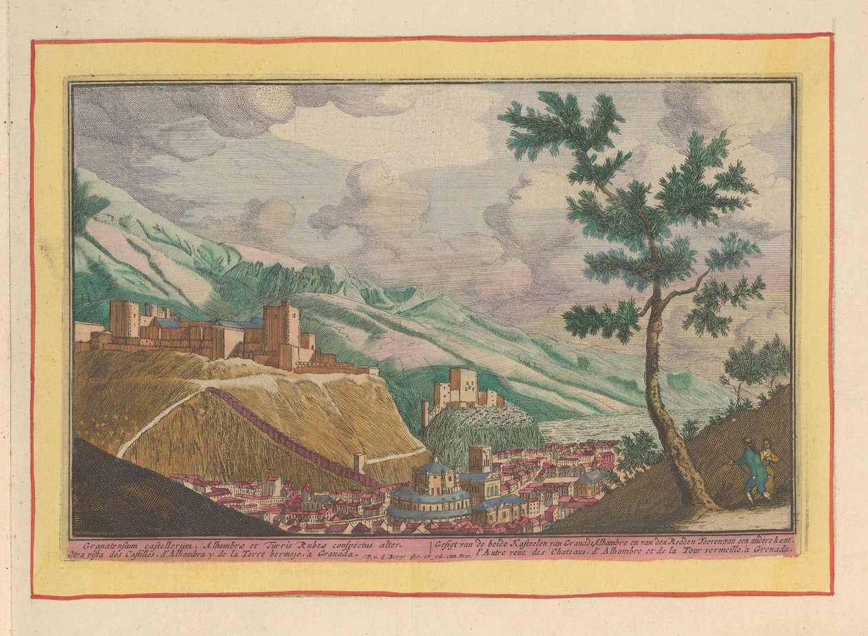 Utsikt över Granada och byggnaderna i Alhambra Gesigt av de två slotten i Granade, Alhambre och van den Rooden Tooren; från en annan sida (titel på objekt) Theatrum Hispaniae (...) (serietitel) av Pieter van den Berge