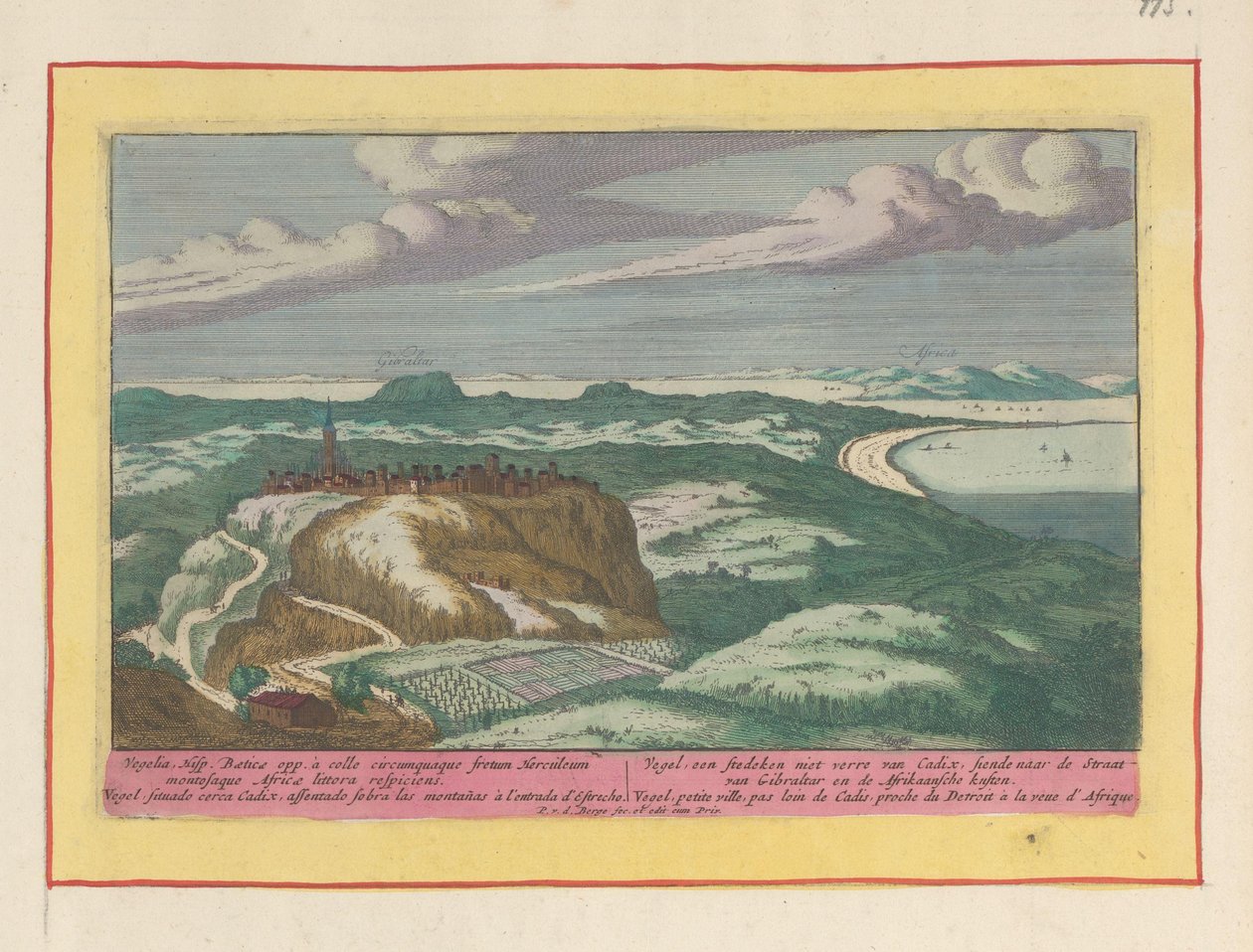 Utsikt över Vejer de la Frontera Vegel, ett citadell inte långt från Cadix, stirrade på Gibraltarsundet och de afrikanska kusterna (titel på objektet) Theatrum Hispaniae (...) (serietitel) av Pieter van den Berge
