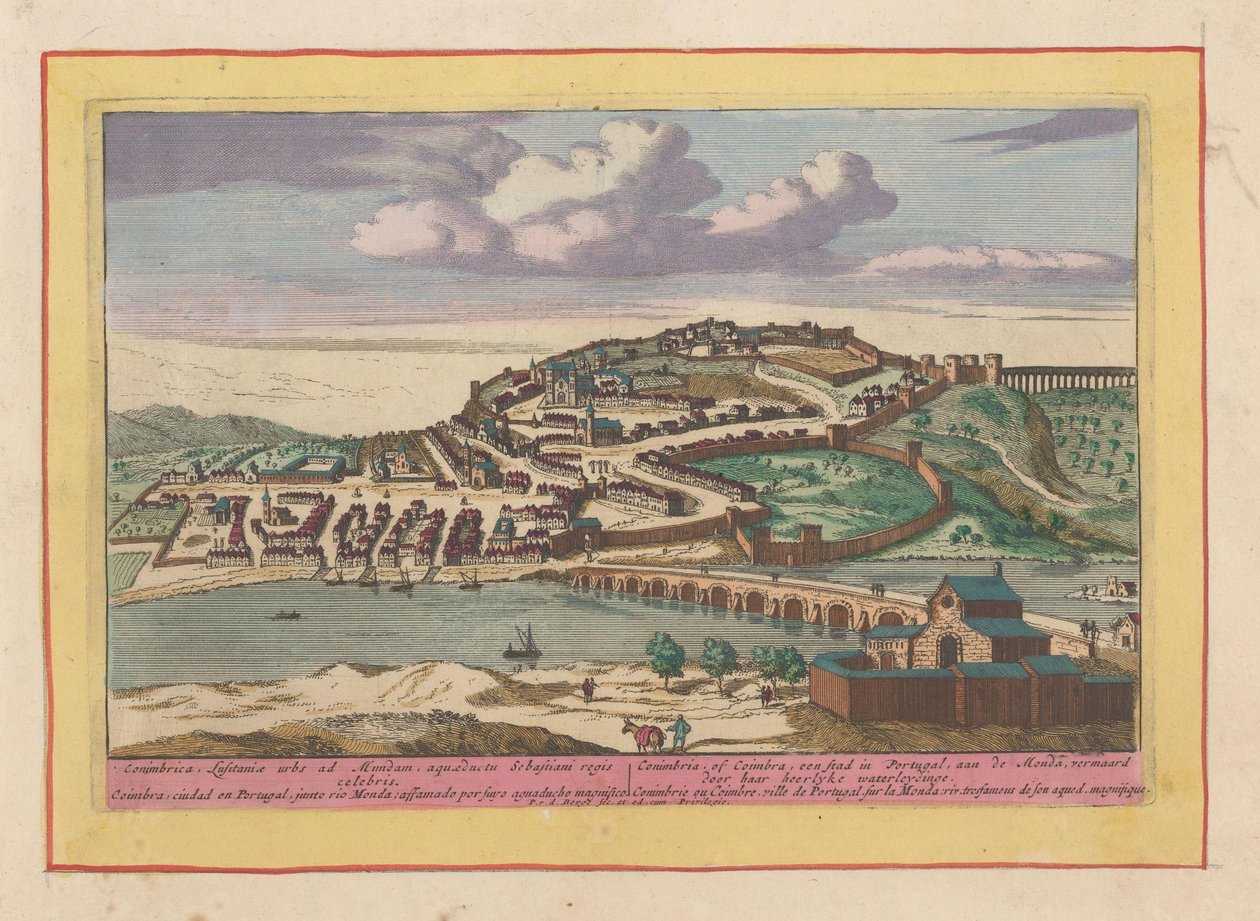 Utsikt över den portugisiska staden Coimbra Coimbra, eller Coimbra, en stad i Portugal, på Monda (titel på objekt) Theatrum Hispaniae (...) (serietitel) av Pieter van den Berge