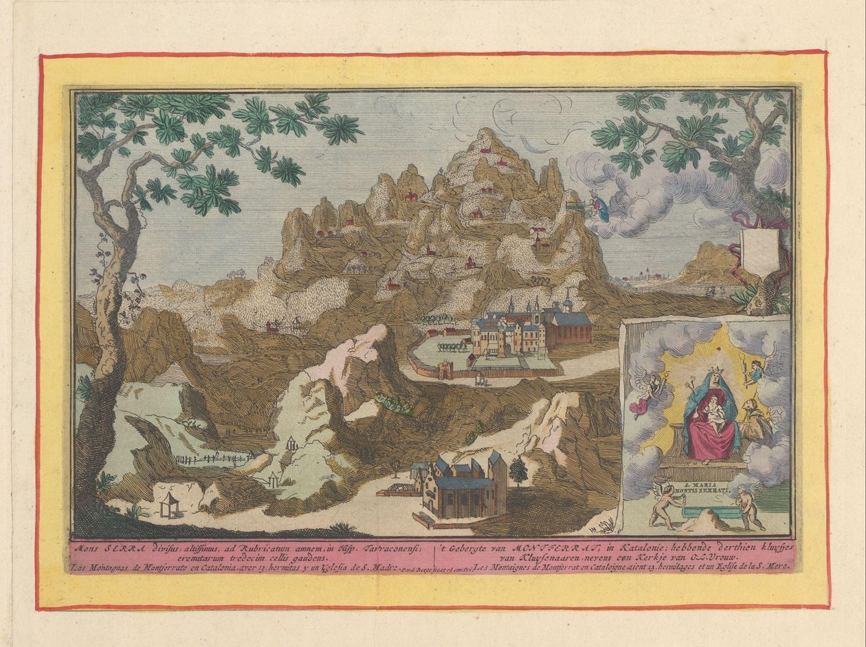 Utsikt över berget Montserrat Montferratbergen, i Katalonien; med tretton kluysjes från Kluysenaaren, bredvid en Vår Fru-kyrka (titel på objektet) Theatrum Hispaniae (...) (serietitel) av Pieter van den Berge