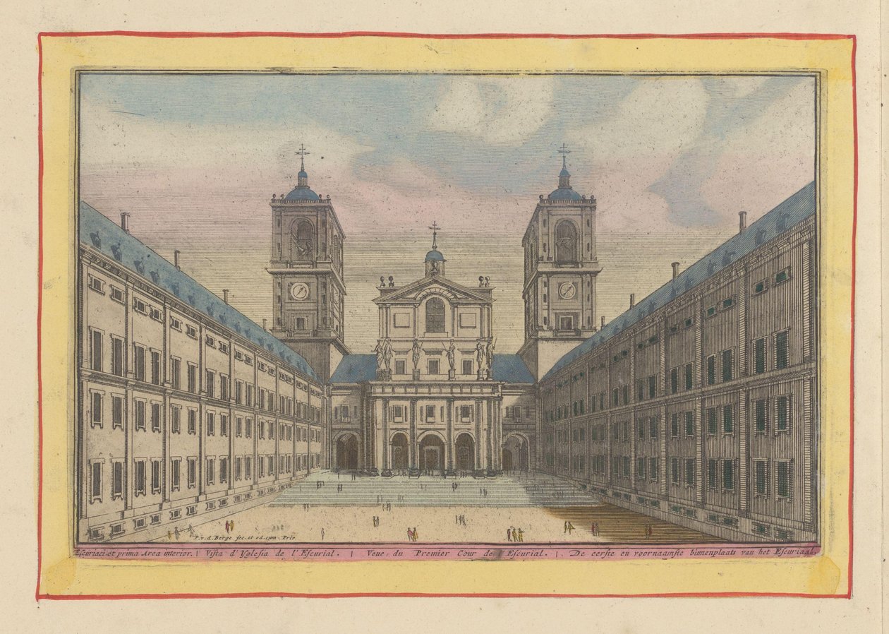 Utsikt över innergården och ingången till kyrkan San Lorenzo i Escorial Escurials första och huvudgård (titel på objekt) Theatrum Hispaniae (...) (serietitel) av Pieter van den Berge