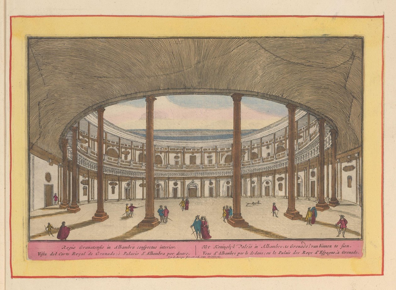 Utsikt över innergården till Charles V-palatset i Granada Kungliga slottet i Alhambre, Granat; att se inifrån (titel på objekt) Theatrum Hispaniae (...) (serietitel) av Pieter van den Berge