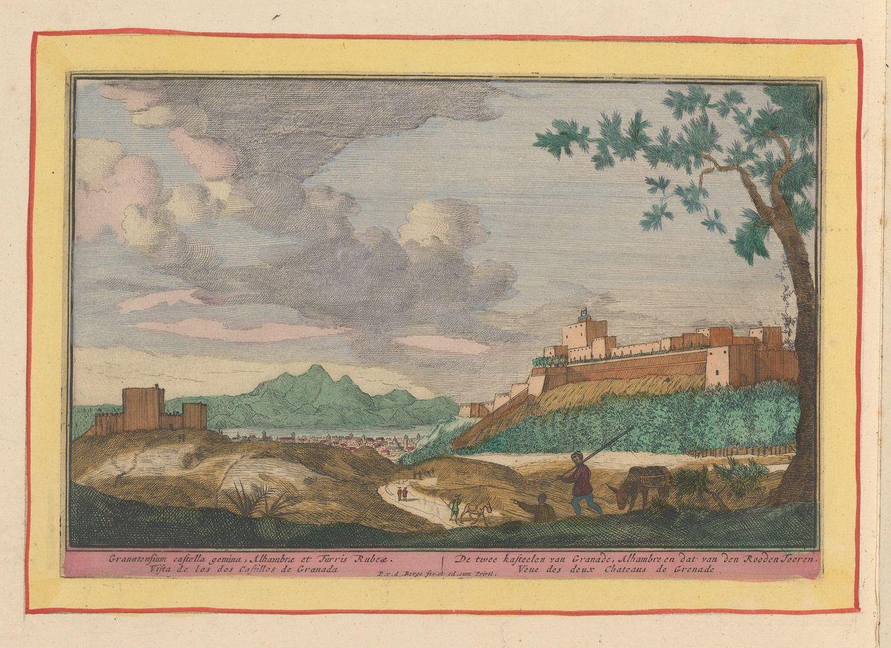 Utsikt över byggnaderna i Alhambra i Granada De två slotten i Granade, Alhambre och den Rooden Toorens (titel på objektet) Theatrum Hispaniae (...) (serietitel) av Pieter van den Berge