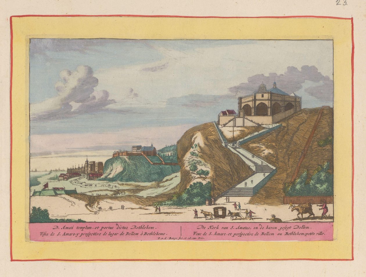 Utsikt över Santo Amaro-kyrkan nära Lissabon Kyrkan S. Amatus och hamnen segt Bellem (titel på objektet) Theatrum Hispaniae (...) (serietitel) av Pieter van den Berge