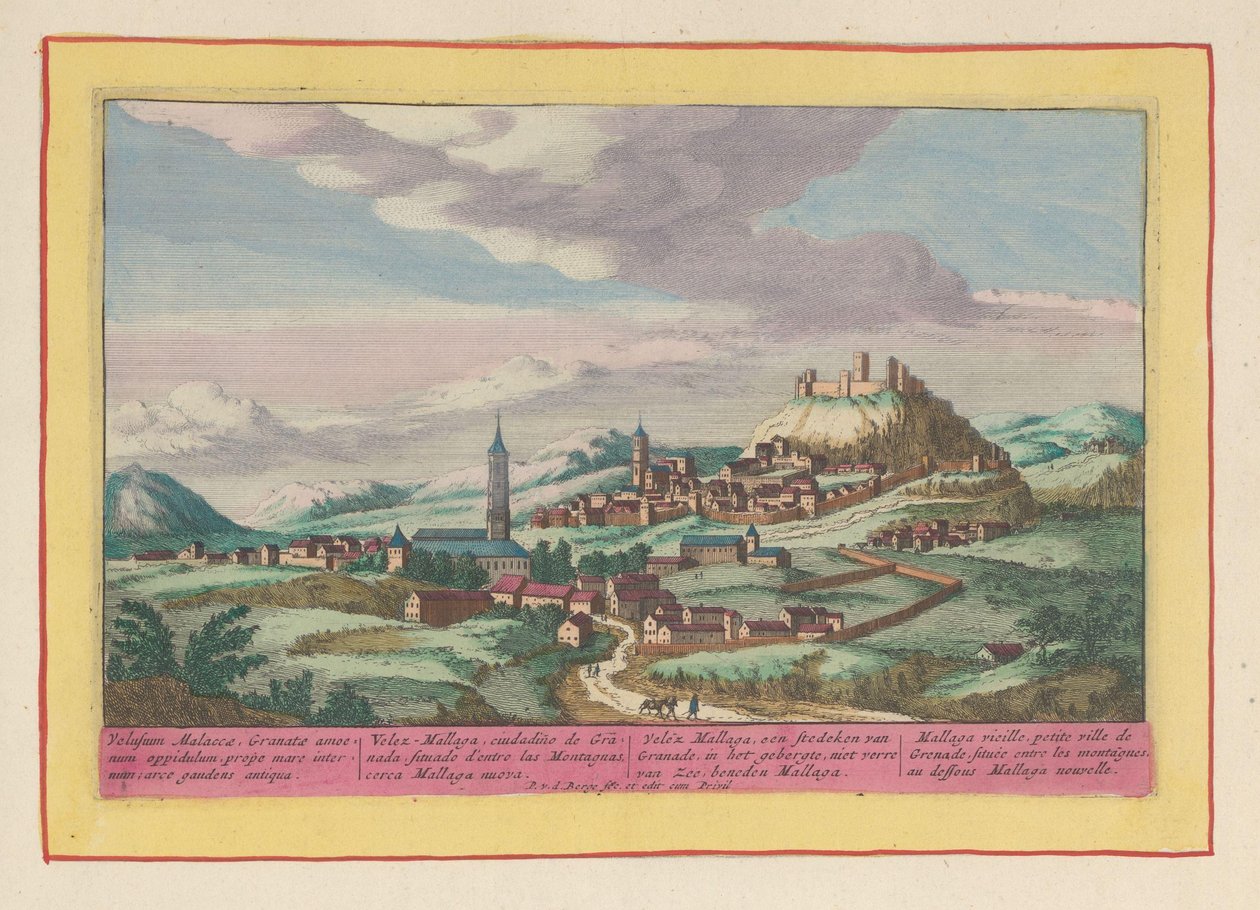Utsikt över platsen Vélez-Málaga i Andalusien Vélez Mallaga, en stad i Granade, i bergen, inte långt från havet, nedanför Mallaga (titel på objektet) Theatrum Hispaniae (...) (serietitel) av Pieter van den Berge