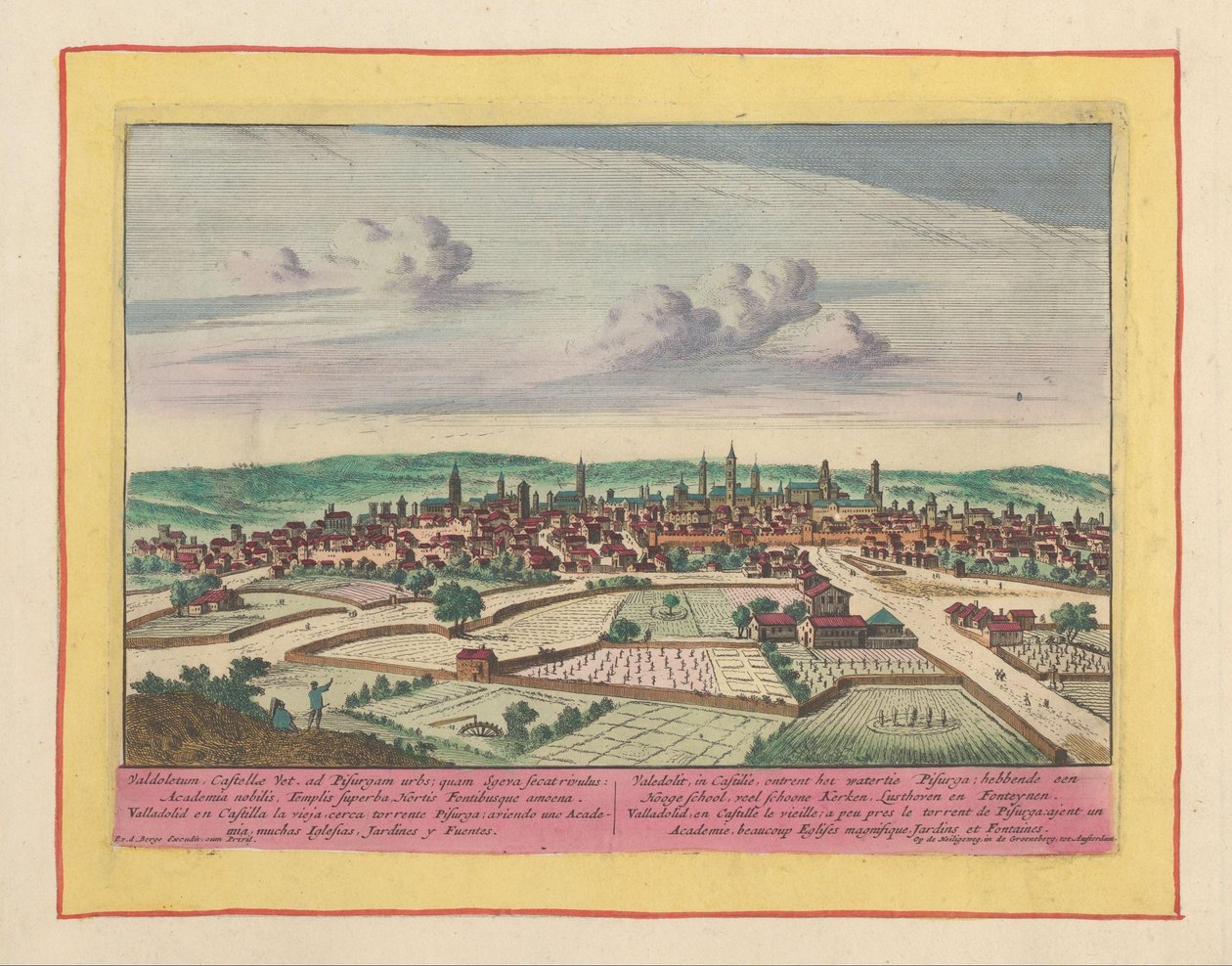 Utsikt över staden Valladolid Valedolit, i Kastilien, är från vattnet i Pisurga; ha en gymnasieskola, många vackra kyrkor, Lusthoven och Fonteynen (titel på objektet) Theatrum Hispaniae (...) (serietitel) av Pieter van den Berge