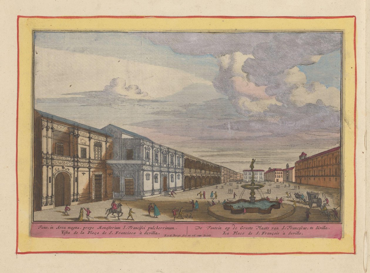 Utsikt över ett torg med en fontän i Sevilla Fontänen på den stora platsen för S. Franciskus, i Sivilie (titel på objektet) Theatrum Hispaniae (...) (serietitel) av Pieter van den Berge
