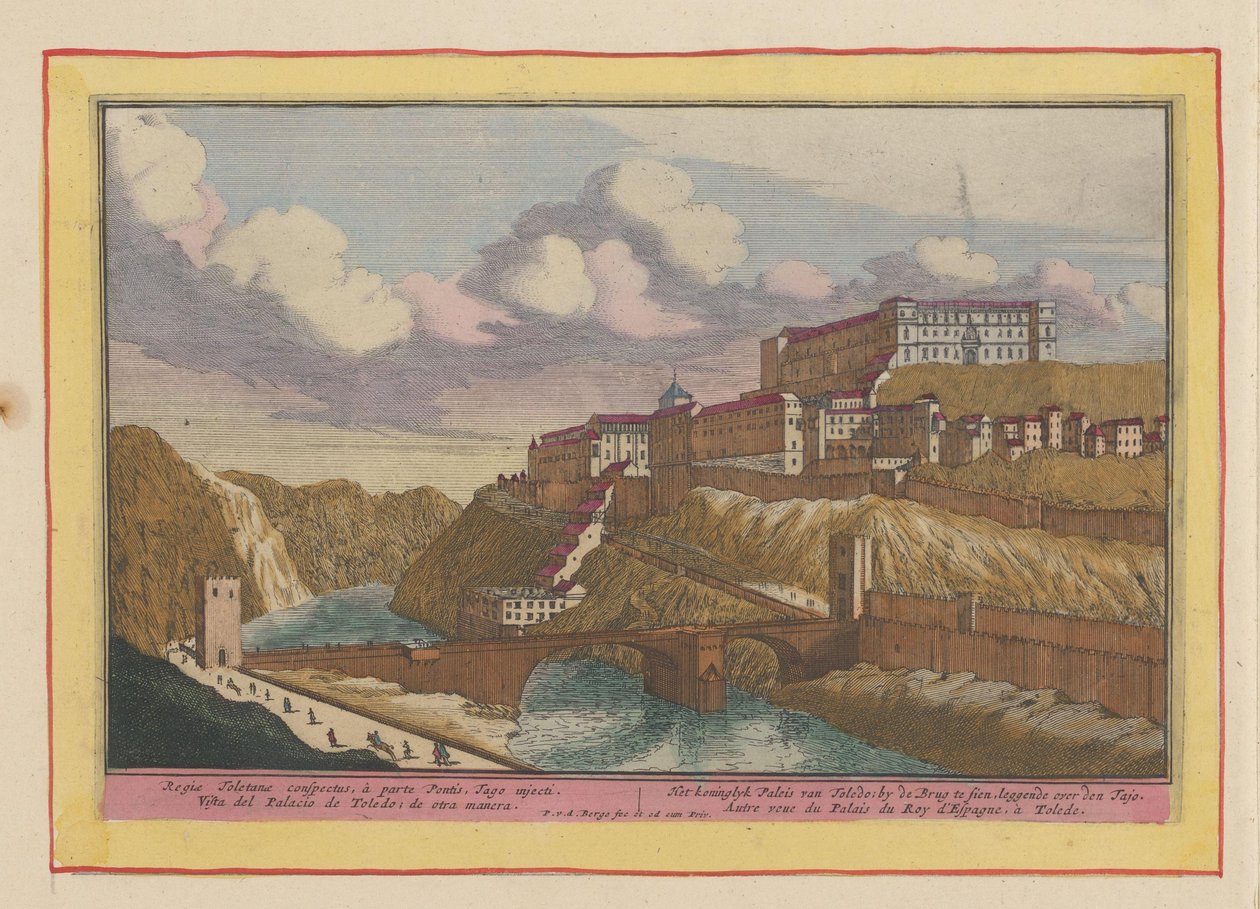 Utsikt över Alcazar de Toledo Det kungliga palatset i Toledo; vid bron för att ses, liggande över Tajo (titel på objekt) Theatrum Hispaniae (...) (serietitel) av Pieter van den Berge