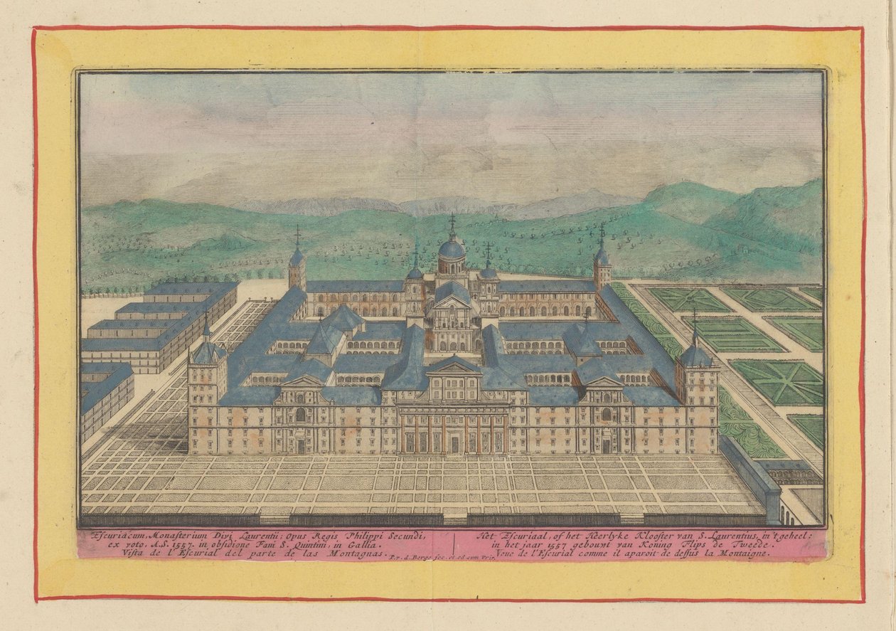 Escorial i fågelperspektiv Escuriaal, eller Heerlyke-klostret S. Laurentius, i sin helhet: byggt år 1557 av kung Filip den andre (titel på objektet) Theatrum Hispaniae (...) (serietitel) av Pieter van den Berge