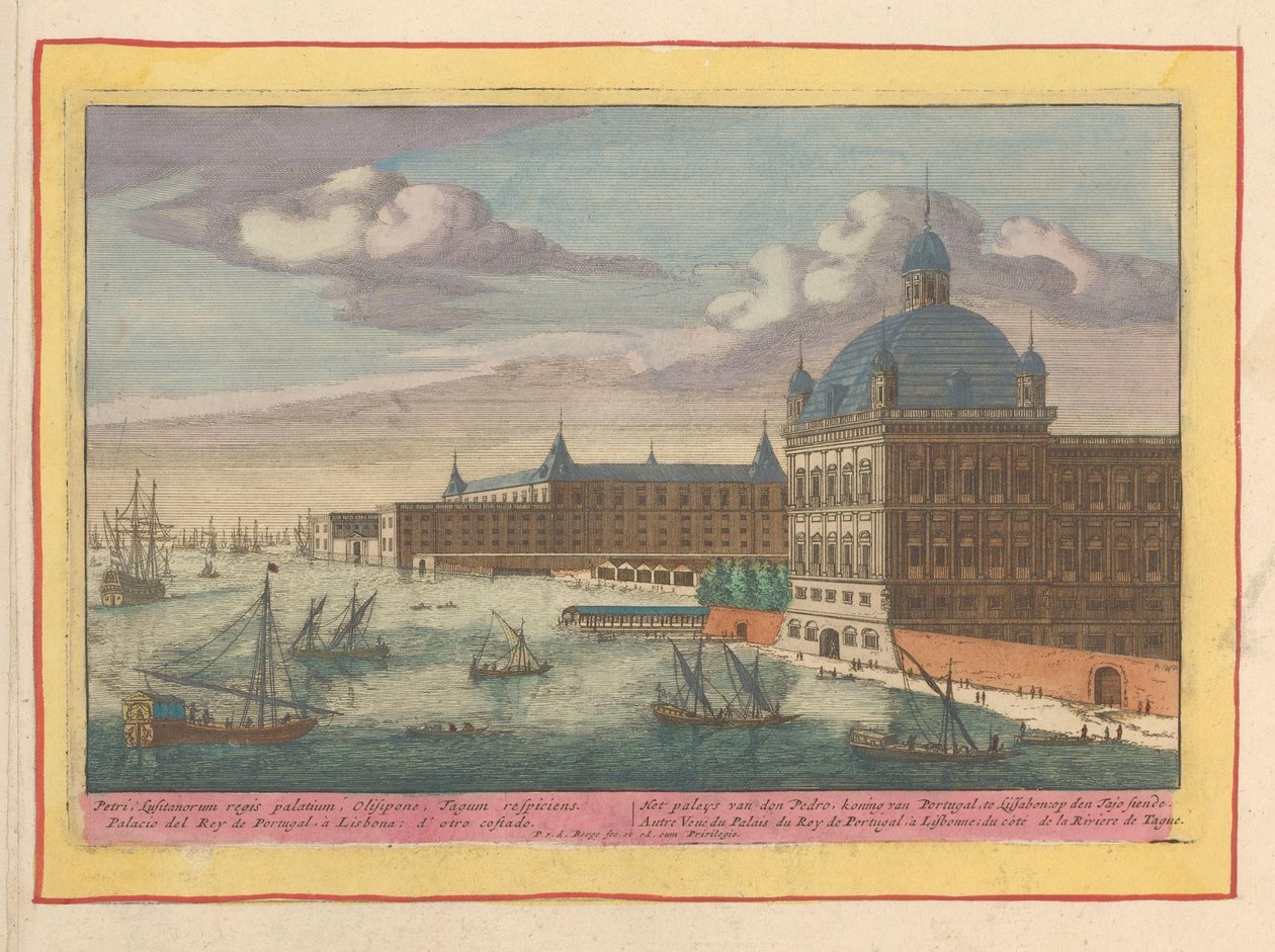 Utsikt över det kungliga palatset i Lissabon Palatsen av don Pedro, kung av Portugal, i Lissabon, vid Tajo siende (titel på objekt) Theatrum Hispaniae (...) (serietitel) av Pieter van den Berge
