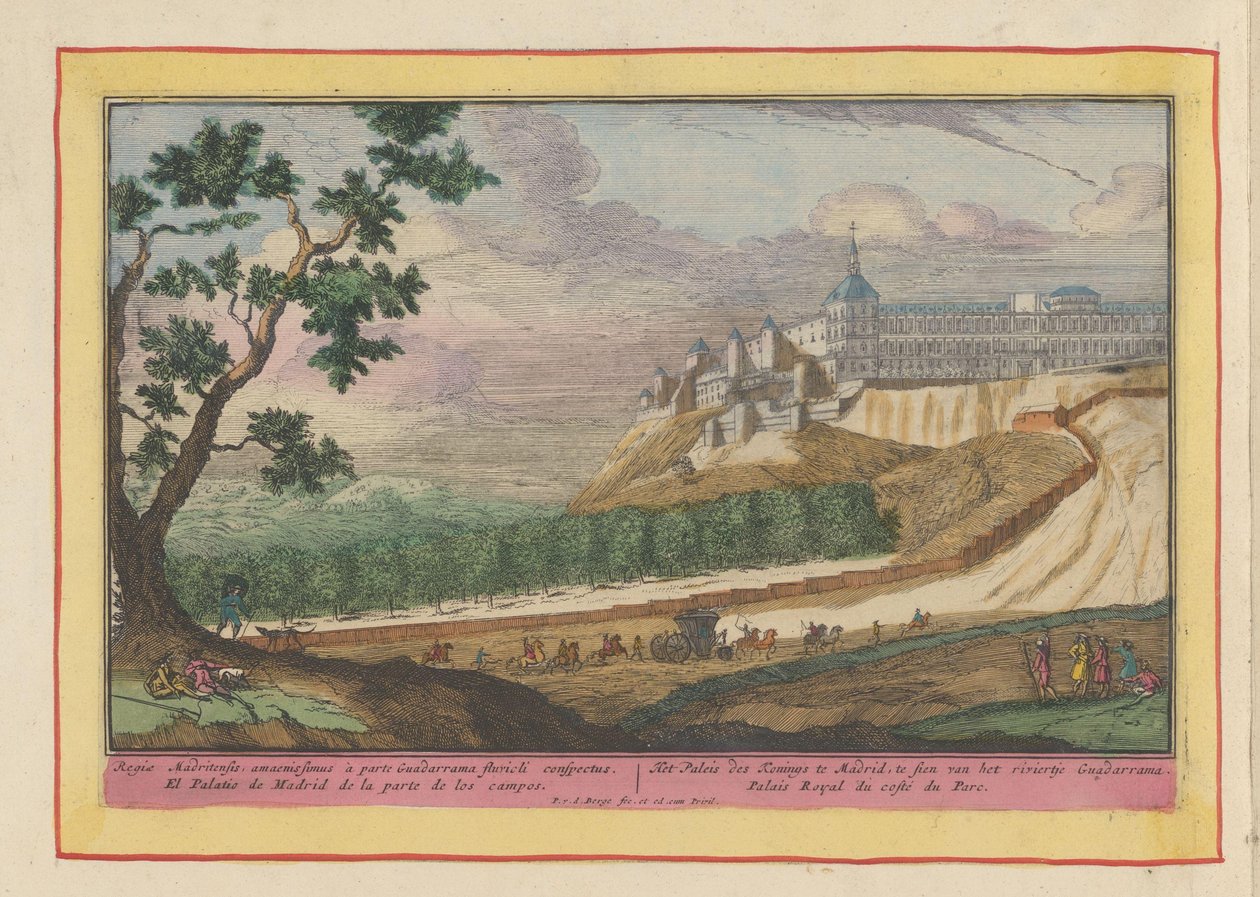 Utsikt över det kungliga palatset i Madrid Kungens palats i Madrid, sett från floden Guadarrama (titel på objektet) Theatrum Hispaniae (...) (serietitel) av Pieter van den Berge