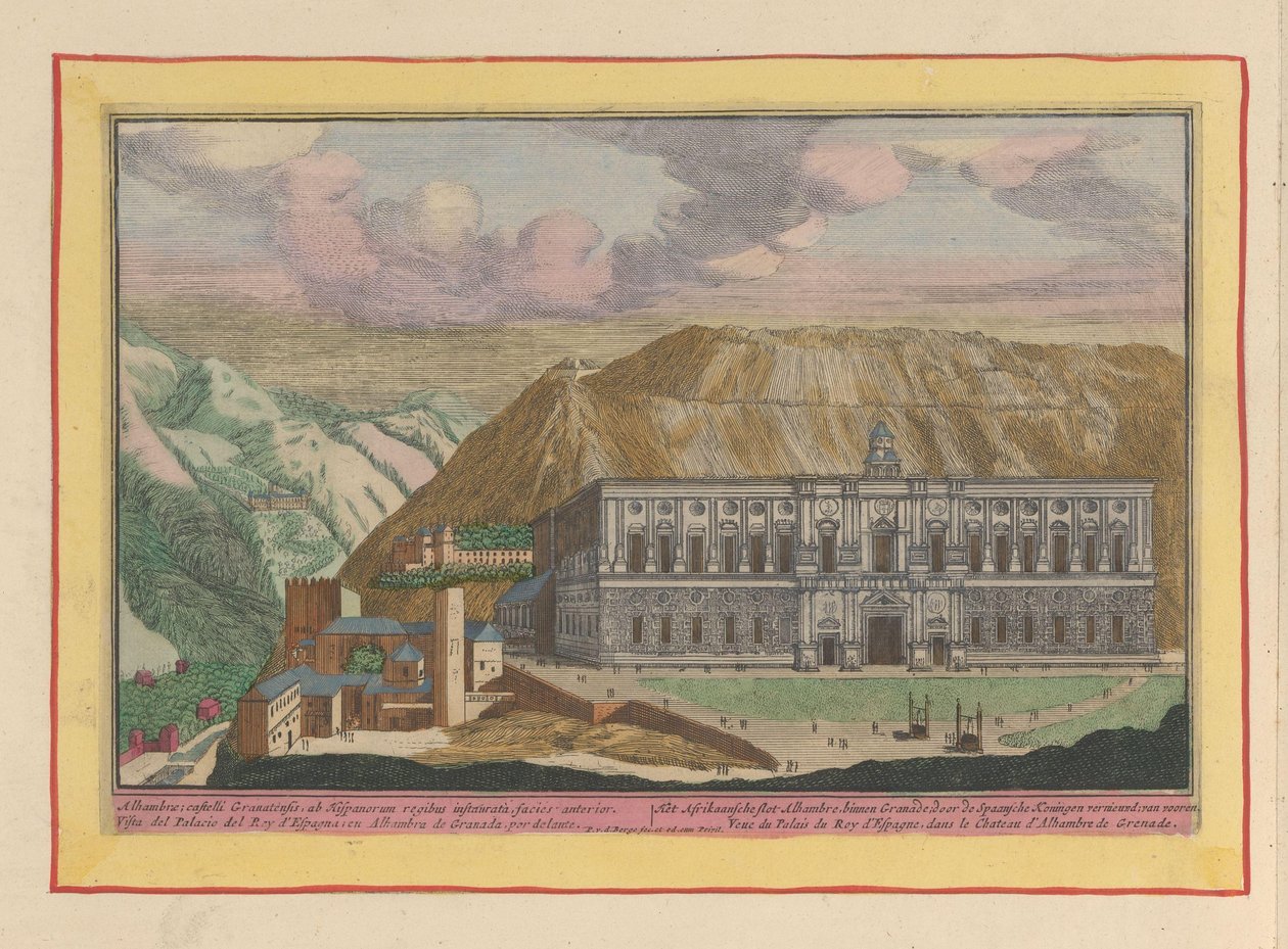 Utsikt över Charles V-palatset i Granada Det afrikanska slottet Alhambre, inom Granade; förnyat av de spanska kungarna; van vooren (titel på objekt) Theatrum Hispaniae (...) (serietitel) av Pieter van den Berge