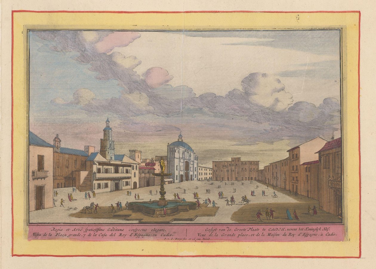 Utsikt över huvudtorget i Cádiz Gesigt of the Great Place i Cdix, bredvid Koninglyk Hof (titel på objekt) Theatrum Hispaniae (...) (serietitel) av Pieter van den Berge
