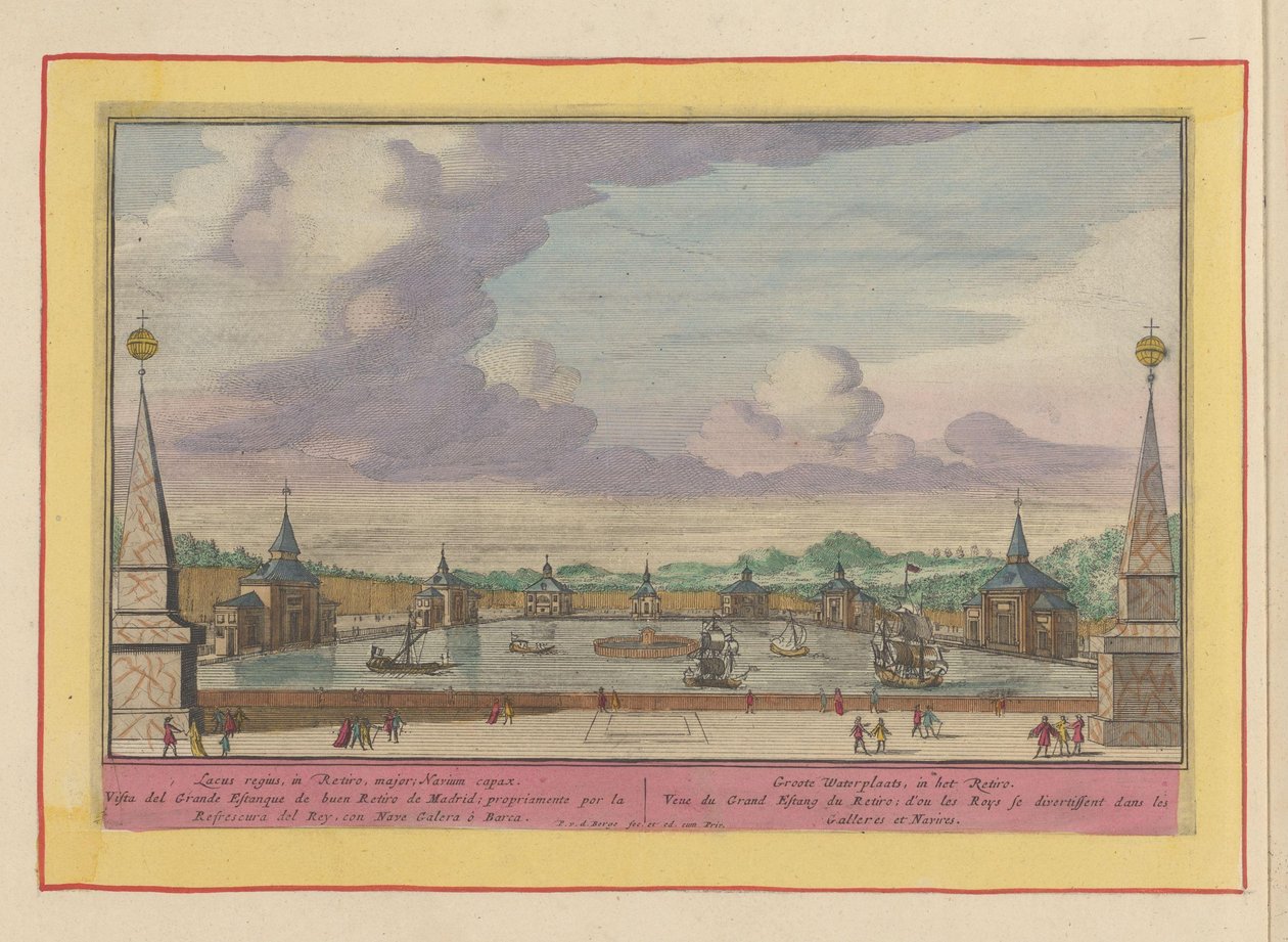Stor damm med skepp i trädgårdarna i Palacio del Buen Retiro i Madrid Groote Waterplaats, i Retiro (titel på objekt) Theatrum Hispaniae (...) (serietitel) av Pieter van den Berge