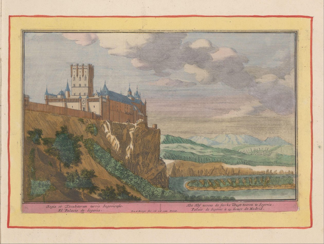 Kasteel van Segovia Het Hof nevens de sterke Wagt-tooren te Segovia / Regia et Excubitorum turris Segovia (titel på objekt) Theatre of Spain (...) (serietitel) av Pieter van den Berge
