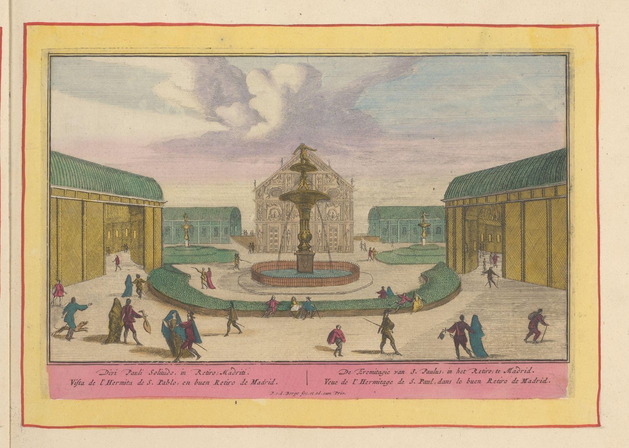 Eremiten Pauls kyrka i trädgårdarna i Palacio del Buen Retiro i Madrid Eremitagy av Saint Paul, i Retiro; i Madrid (titel på objekt) Theatrum Hispaniae (...) (serietitel) av Pieter van den Berge