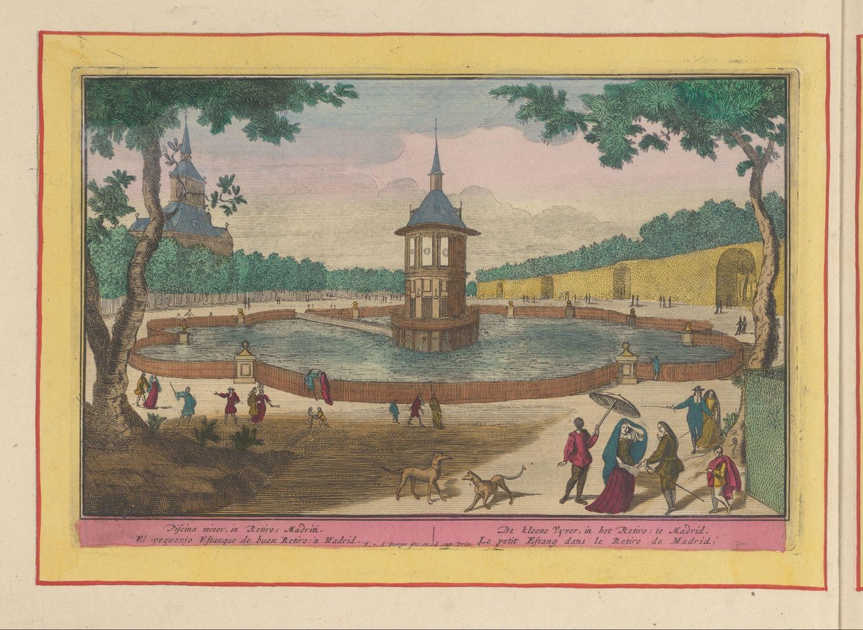 Liten damm i trädgårdarna i Palacio del Buen Retiro i Madrid Den kleene Vyver, i Retiro; i Madrid (titel på objekt) Theatrum Hispaniae (...) (serietitel) av Pieter van den Berge