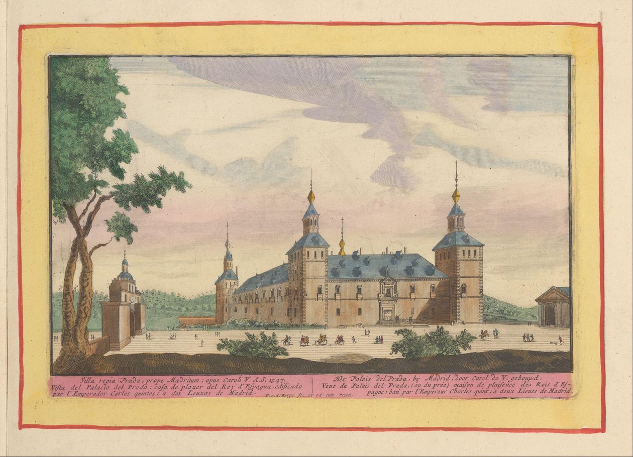 Kungliga palatset i El Pardo nära Madrid Palace del Prada, av Madrid, byggt av Carel de V. (titel på objektet) Theatrum Hispaniae (...) (serietitel) av Pieter van den Berge
