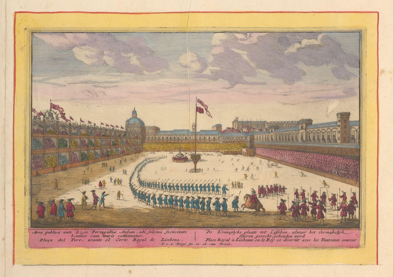 Palace Square i Lissabon Den kungliga platsen till Lissabon, där den underhållande tjurfäktningen hölls (titel på objektet) Theatrum Hispaniae (...) (serietitel) av Pieter van den Berge
