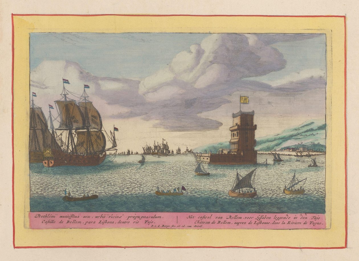 Tornet i Belém ligger i floden Tejo Slottet Bellem, som ligger framför Lissabon i Tajo (titel på objekt) Theatrum Hispaniae (...) (serietitel) av Pieter van den Berge