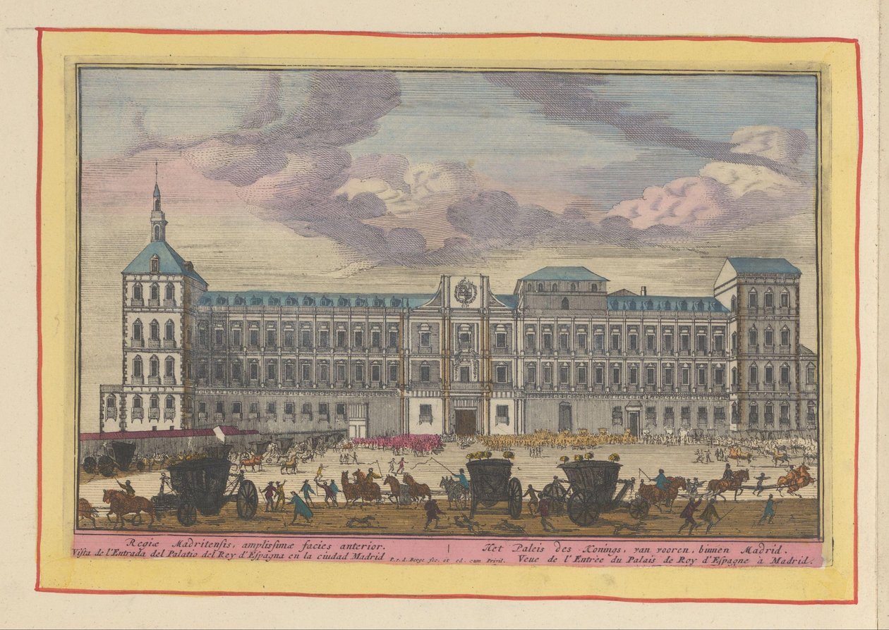 Framifrån av det kungliga palatset i Madrid Kungspalatset, framifrån, inuti Madrid (titel på objektet) Theatrum Hispaniae (...) (serietitel) av Pieter van den Berge