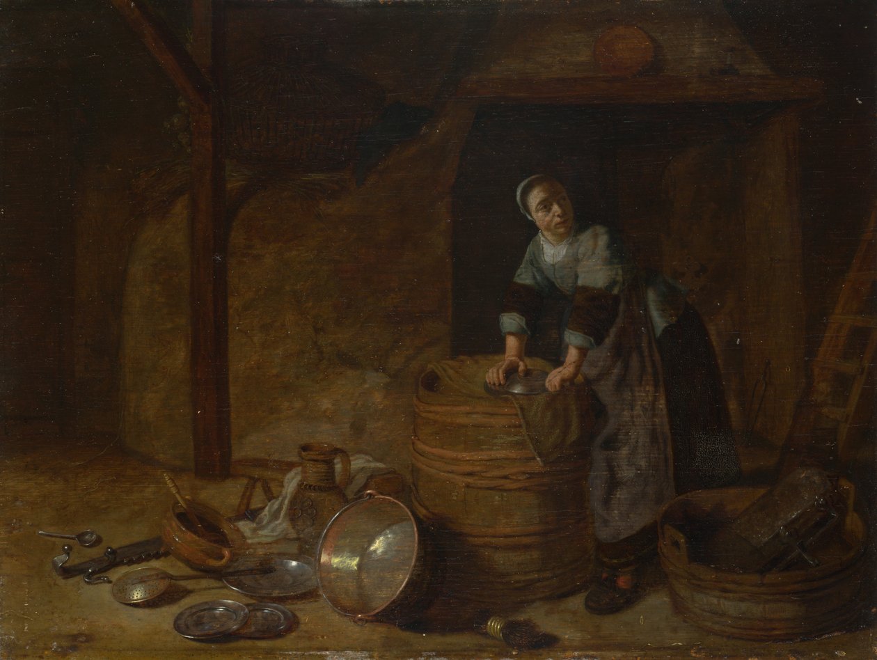 En kvinna som skurar en kruka, ca. 1650-1660 av Pieter van den Bosch