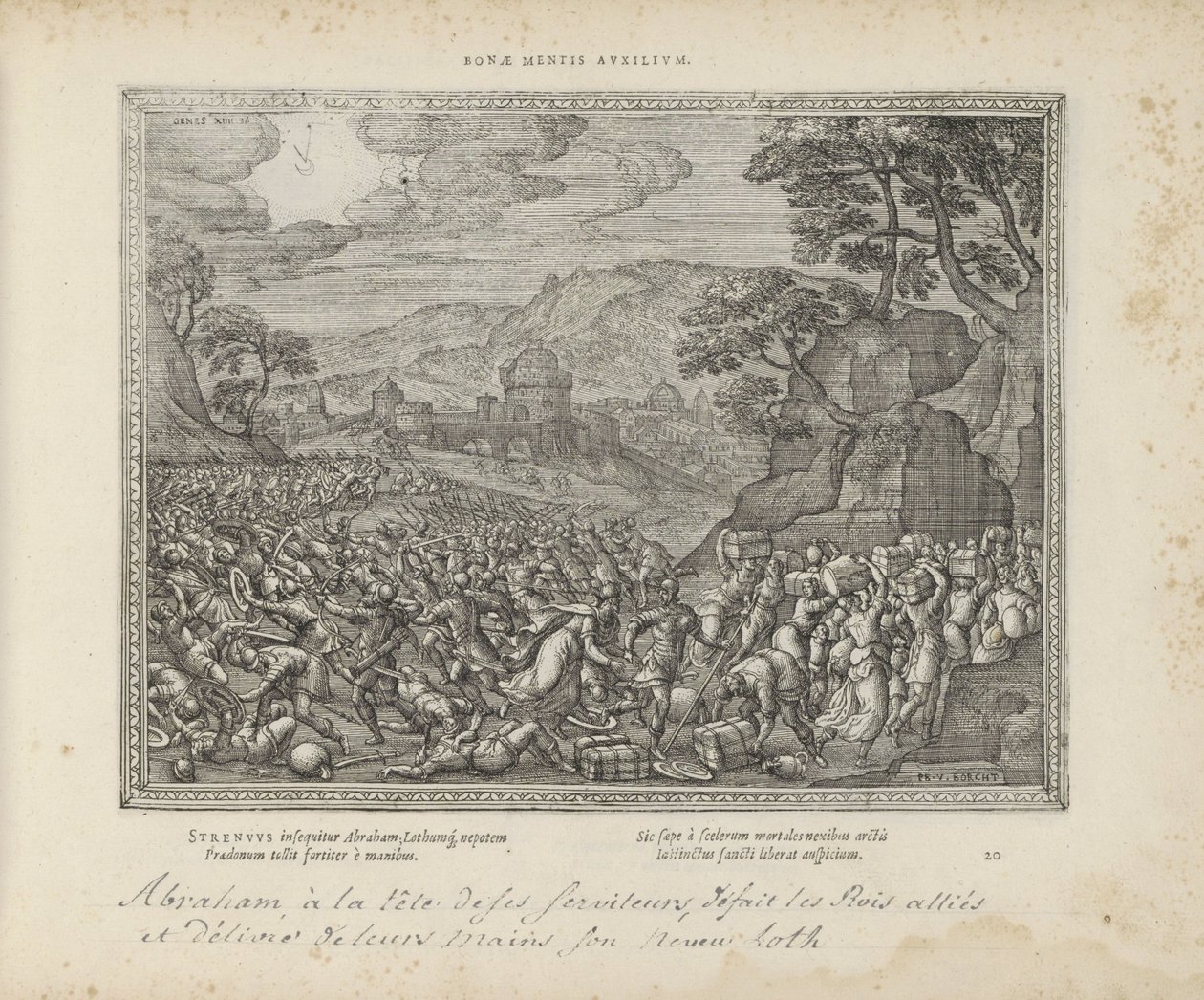 Abraham bevrijdt Lot Hjälp av ett gott sinne (titel på objekt) The Sacred Emblems and the Main History of Both Testaments (Oude Testament) (serietitel) Bilder och figurer av böcker (serietitel) av Pieter van der Borcht (I)