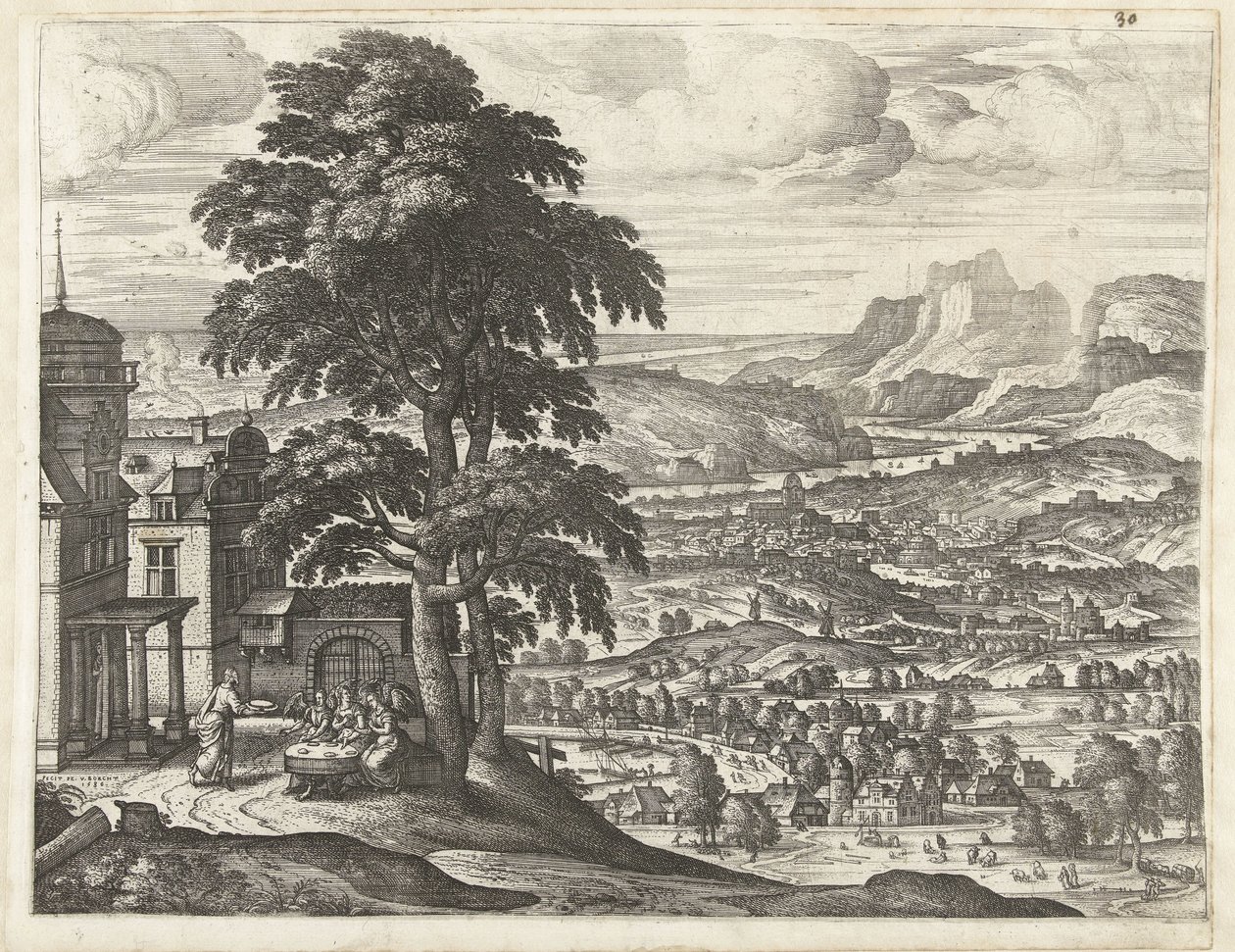 Abraham matar de tre änglarna Landskap med berättelsen om Abraham (serietitel) av Pieter van der Borcht (I)