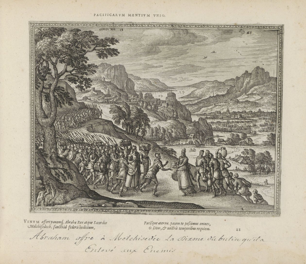 Abraham träffade Melkisedek förening av fredliga sinnen (titel på objekt) The Sacred Emblems and the Main History of Both Testaments (Oude Testament) (serietitel) Bilder och figurer av böcker (serietitel) av Pieter van der Borcht (I)